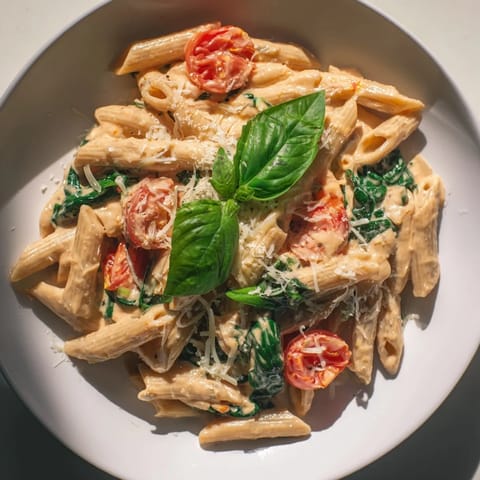 A close-up of the ultra-creamy Cottage Cheese High-Protein Pasta with vibrant red tomatoes.