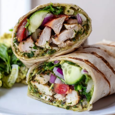 Enjoy a fresh Chimichurri Chicken Salad Wrap filled with spicy greens, ripe tomato slices, and creamy avocado on a warm tortilla.