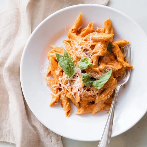 Golden, al dente penne pasta is tossed in a luscious roasted red pepper cream sauce, garnished with fresh basil.  