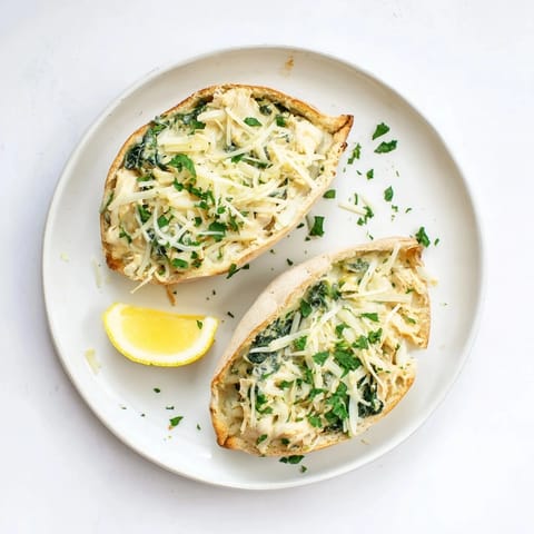 Freshly baked spinach artichoke chicken stuffed pita with melty mozzarella and bright green spinach peeking from fluffy pockets.