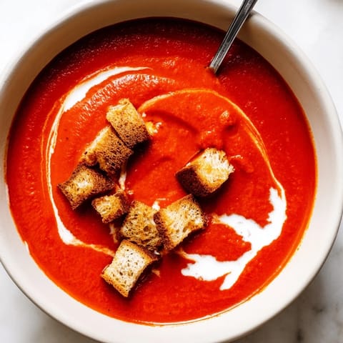 Close-up of Roasted Tomato Soup with Crispy Croutons, garnished with fresh thyme and a drizzle of olive oil for a comforting meal.  