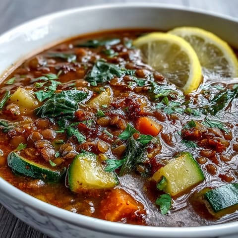 Close-up of hearty Lentil Soup with tender lentils, diced carrots, and wilted spinach in a rustic bowl.