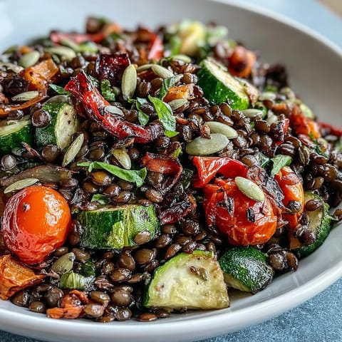 Overhead view of a vibrant Black Lentil Salad in a white bowl, tossed with fresh parsley and toasted pumpkin seeds.