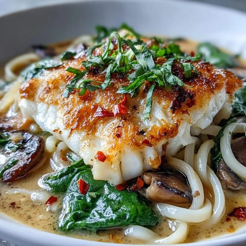 Steaming bowl of Poached Cod With Spiced Coconut Broth and Udon Noodles garnished with fresh herbs.