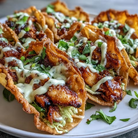 A hand garnishes plated Crispy Chicken Wonton Tacos with fresh cilantro and lime wedges, ready for a vibrant dinner.