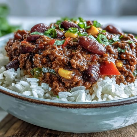 Hearty chili bowl base with beans, beef, and corn spooned over grains, garnished with avocado and lime.