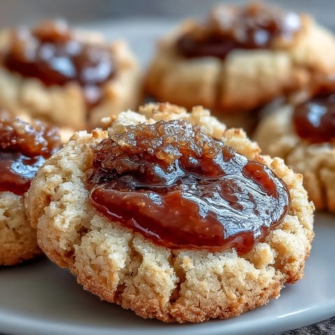 Golden Guava Jam Thumbprint Cookies on a wire rack, the sweet-tart pink filling glistening beside a warm cup of coffee.