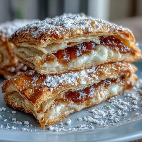 Golden-brown Guava Cheese Pastries with powdered sugar dusting, revealing melted cheese and sweet guava filling inside.