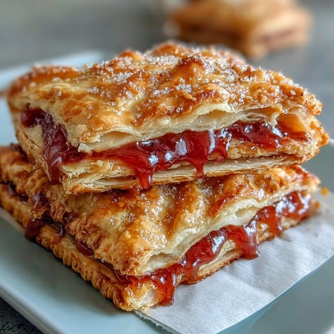 Freshly baked Guava Cheese Pop Tarts with a crimped edge and cracked glaze are ready to eat on a rustic wooden board with fresh guava.