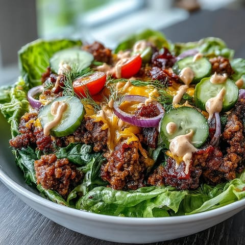 Assembled High-Protein Cheeseburger Bowls with ground beef, crisp lettuce, onions, and tangy burger sauce drizzled over the top.