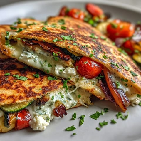 Grilled Mediterranean Veggie Quesadillas on a wooden board, golden whole wheat tortillas stuffed with charred zucchini and melty mozzarella.