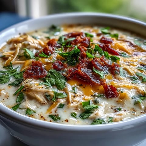 Hearty Spicy Jalapeño Popper Chicken Soup topped with crumbled bacon and fresh cilantro, served with tortilla chips.