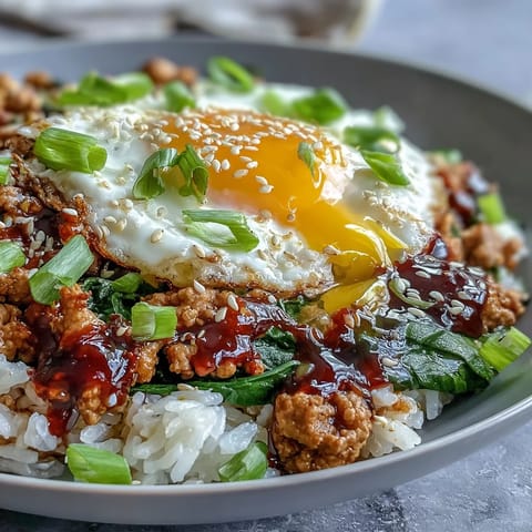 Creamy Korean Turkey Rice Skillet topped with jammy halved eggs, scallions, and sesame seeds.