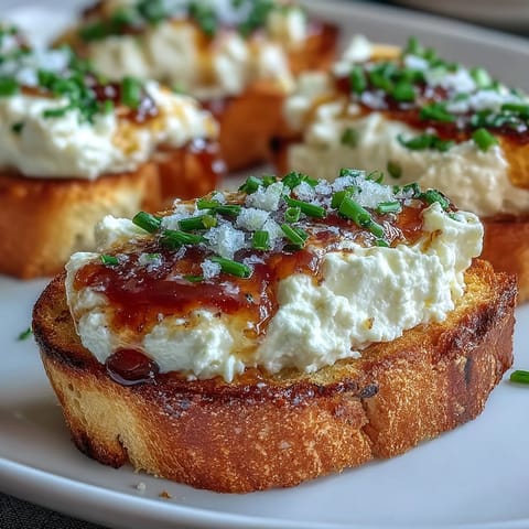 Crispy Hot Honey Goat Cheese Crostini garnished with fresh chives and flaky sea salt on a marble board.