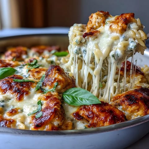 One-Pan Creamy Chicken Lasagna Orzo steaming in a cast-iron skillet, ready to serve with fresh basil garnish and a side salad.