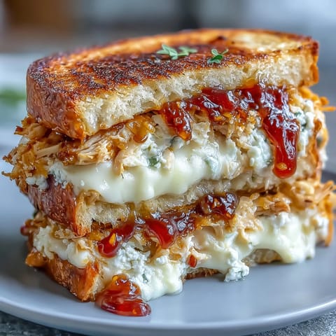 Golden, crispy sourdough sandwiches stuffed with shredded chicken, creamy goat cheese, and a spicy hot honey drizzle.