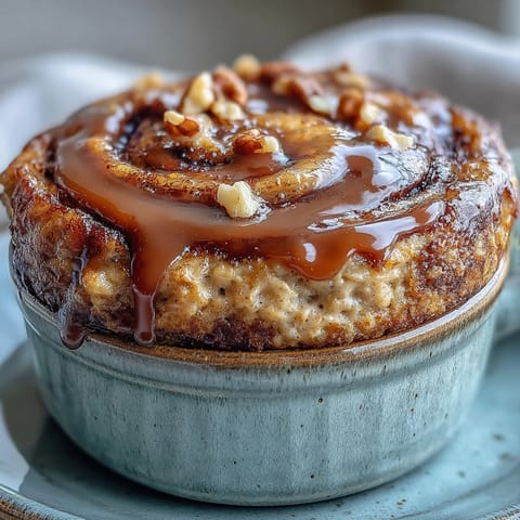 A fluffy single-serve Cinnamon Swirl Protein Banana Baked Oats, featuring a visible cinnamon ribbon and chopped walnuts for added crunch, perfect for a cozy morning meal.
