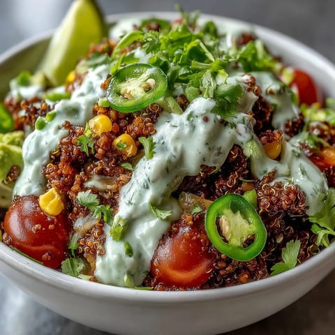Colorful vegan lentil quinoa taco bowls topped with creamy avocado lime crema, fresh cherry tomatoes, and zesty lime wedges for a satisfying meal.  