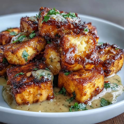 Air fryer tofu bites with savory peanut sauce, garnished with chopped peanuts and fresh cilantro.  