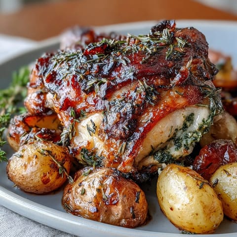 Juicy herb roasted chicken thighs with crispy skin served alongside tender baby potatoes and sweet roasted carrots.  