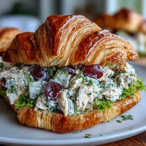Fresh chicken salad croissant sandwich with juicy grapes and creamy dressing, perfect for picnics and easy lunches.  