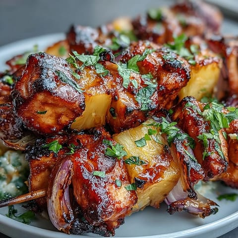 Grilled BBQ chicken pineapple kebabs with red onion, glazed with smoky sauce for a summer cookout.  