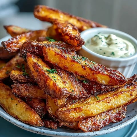 Lightly spiced sweet potato fries served with creamy garlic aioli, perfect for dipping and sharing at any meal.  
