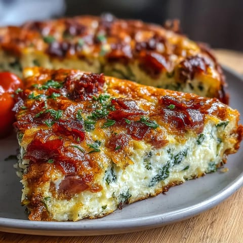 A golden, fluffy ham and cheese frittata loaded with fresh vegetables and baked to perfection for a hearty breakfast.