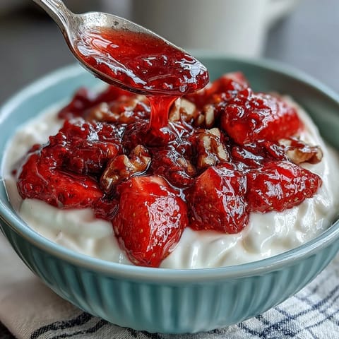 Fresh strawberry compote swirls over creamy Greek yogurt, topped with crunchy nuts and a honey drizzle in this vibrant breakfast bowl.
