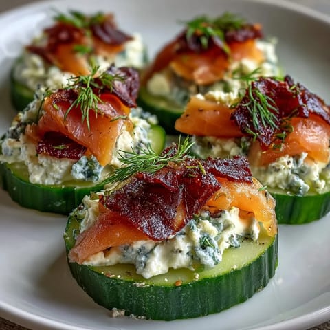 Cucumber Bites with Cream Cheese and Smoked Salmon on a platter, garnished with capers and dill sprigs.