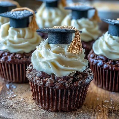 Vanilla cupcakes with buttercream and fondant graduation caps, ideal for festive graduation parties and honoring special milestones.