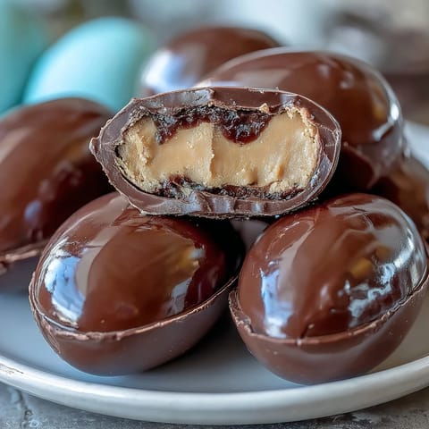 Homemade peanut butter Easter eggs with smooth filling dipped in glossy chocolate on a festive platter.