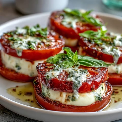 Fresh Caprese salad with basil oil drizzle, featuring ripe tomatoes, creamy mozzarella, and fragrant basil in a classic Italian arrangement.