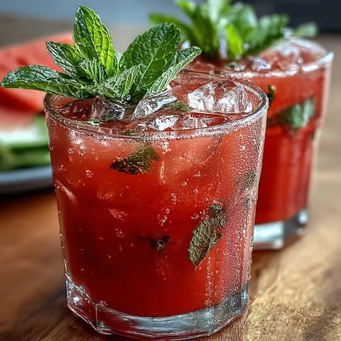 Refreshing glass of watermelon mint lemonade with ice and fresh mint garnish.  