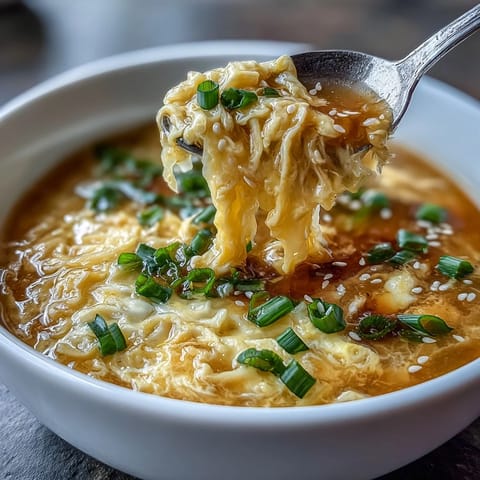 Comforting Chinese-style egg drop soup served in a white bowl, showcasing delicate egg strands in golden broth.