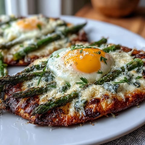 Asparagus and Egg Flatbread with crispy crust, tender asparagus, and a perfectly baked egg, topped with parmesan and fresh herbs.