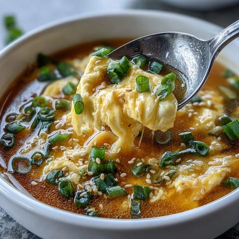 Silky egg ribbons swirl in a savory, steaming bowl of homemade egg drop soup with scallions and sesame oil.