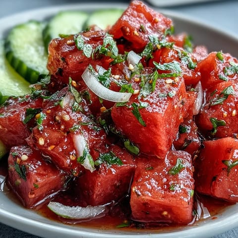 Vibrant watermelon cucumber salad with Tajin and lime, a refreshing summer dish perfect for picnics or light lunches.  