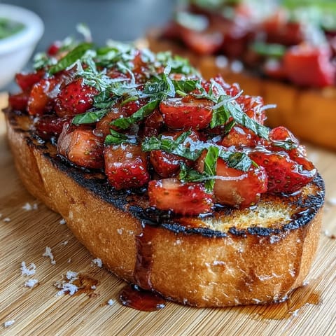 Vibrant strawberry balsamic bruschetta piled high on grilled sourdough toast.
