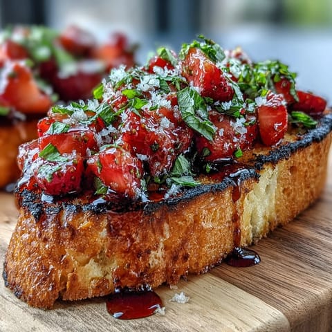 Glistening strawberry balsamic bruschetta appetizer, a perfect bite on toasted sourdough.