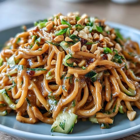 Creamy cold peanut sesame noodles with crisp cucumber and crunchy peanuts.