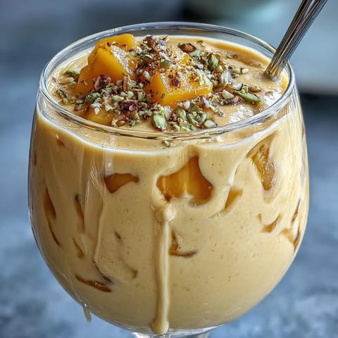 Creamy Mango Lassi Smoothie with cardamom, a delightful Indian-inspired refresher.