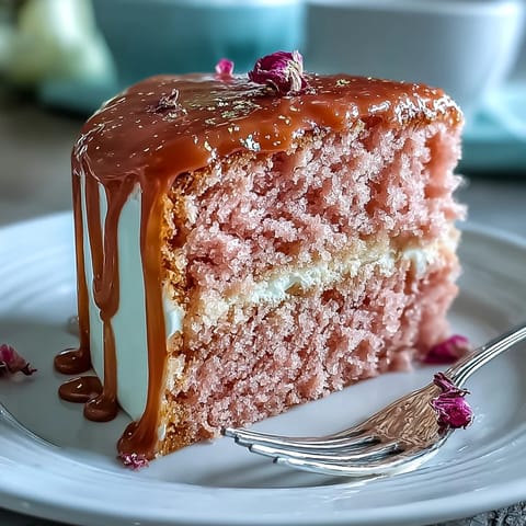 Elegant Bridal Shower Rosé Velvet Cake, shimmering gold drip cascading down pink layers.