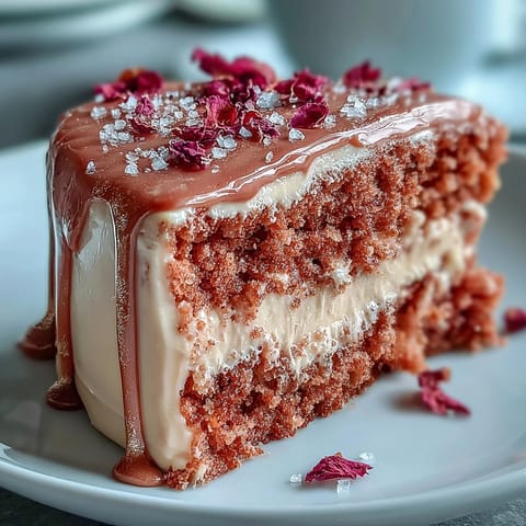 Elegant Bridal Shower Rosé Velvet Cake, adorned with shimmering gold drip icing.