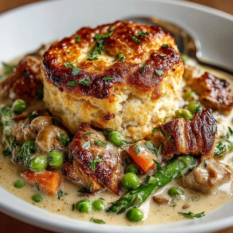 Creamy Spring Skillet Chicken Pot Pie: Rustic, pan-baked comfort food ready to be devoured.