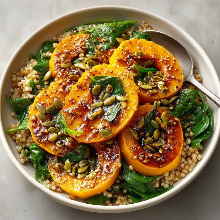 Warm, comforting vegetarian one-pan squash & barley bowl with savory miso flavor.