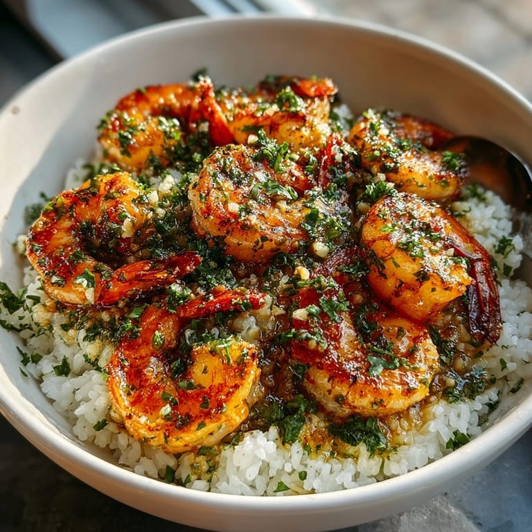 Delicious Garlic Prawn Rice Bowl: Steaming rice topped with juicy prawns and fresh herbs.