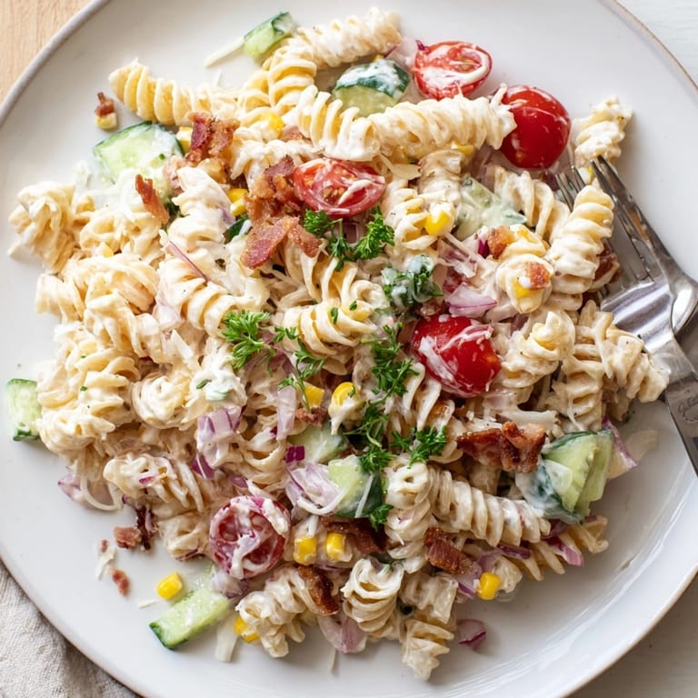 Homemade Alfredo Bacon Ranch Pasta Salad loaded with fresh ingredients, ready to serve cold.