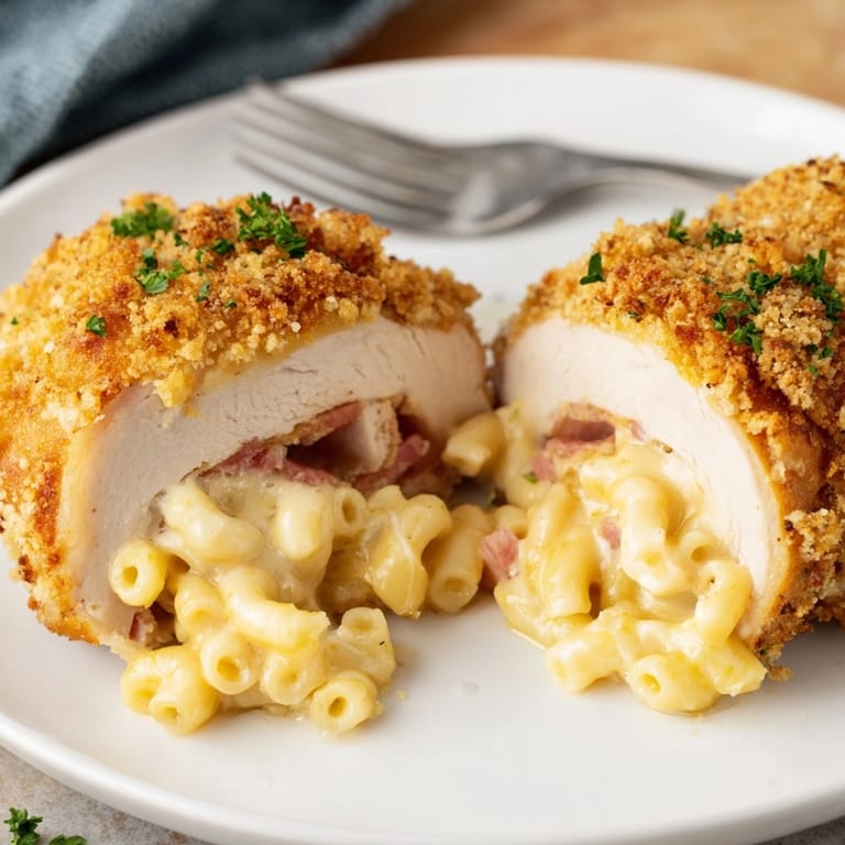 Creamy mac and cheese filling oozing from sliced, browned turkey rolls entree.