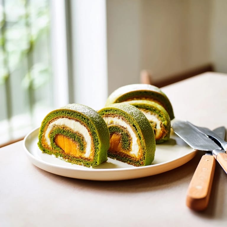 Delicately spiced matcha pumpkin roulades, drizzled with cream and ideal for dessert lovers.